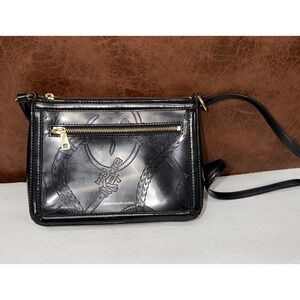 Lauren Ralph Lauren Crossbody Bag Black Matte Patent Enbossed Harness Pockets
